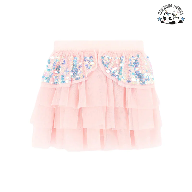 LEZONKIDS - Conjuntos de Roupas para Meninas com Estilo Americano Fashion, Top e Saia com Lantejoulas e Rede